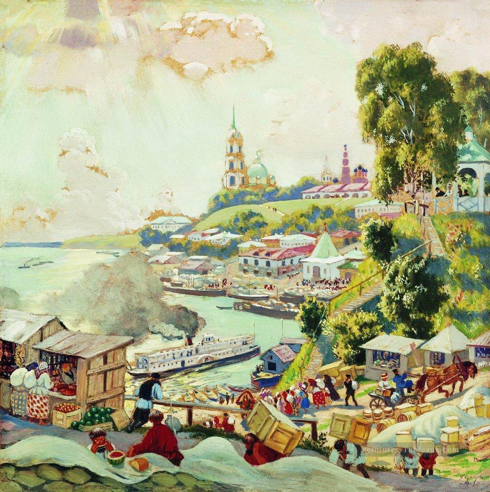 sur la volga 1910 Boris Mikhailovich Kustodiev scènes de la ville de paysage urbain Peintures à l'huile